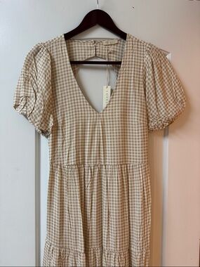 Lovestitch Beige Gingham V-Neck Tiered Dress